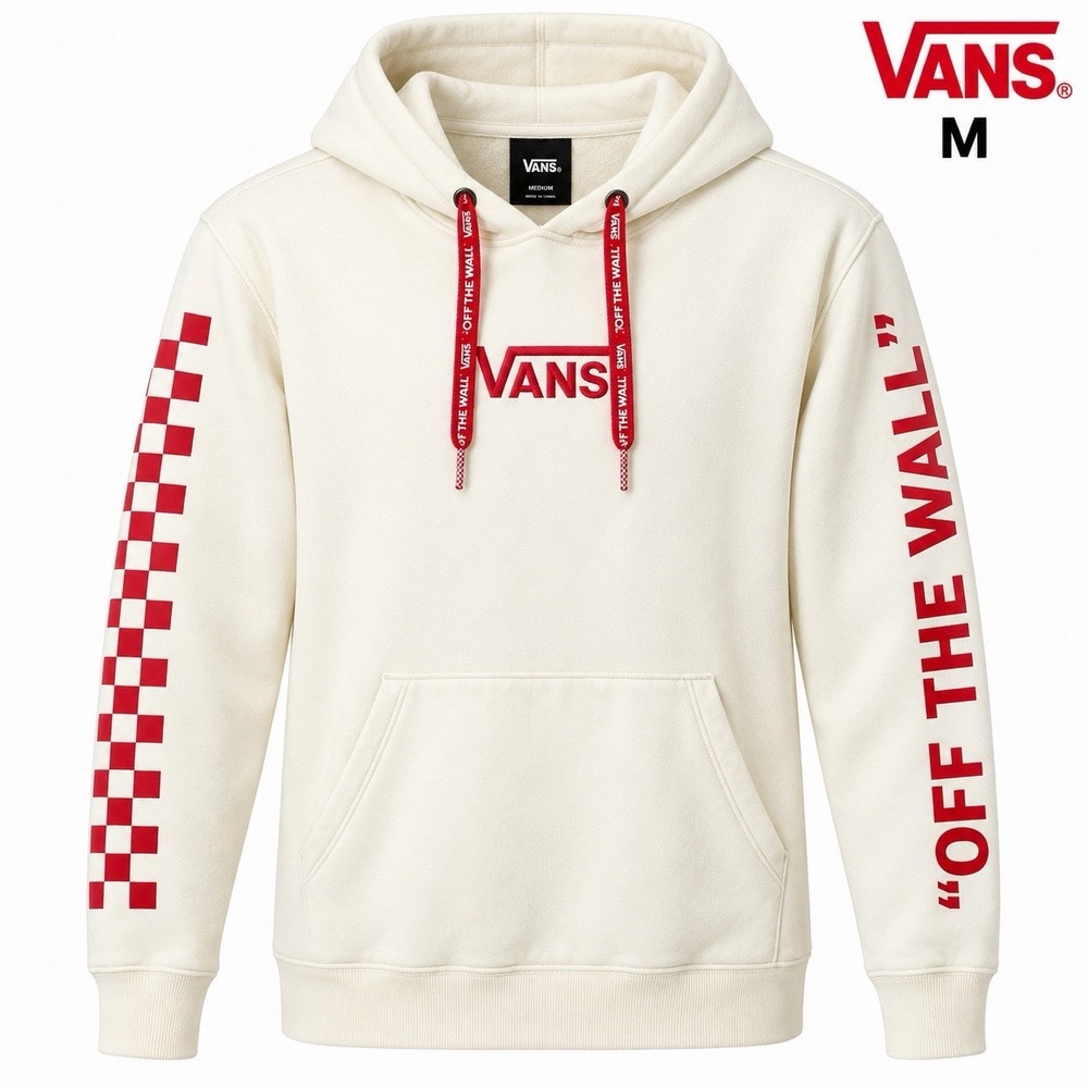 Vans Off The Wall Cream Red Checkerboard Sleeve Pullover Hoodie Men's Spellout